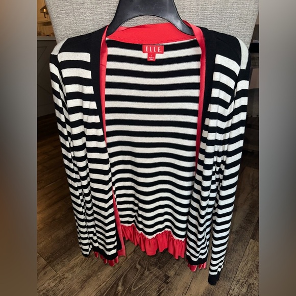 ELLE Black and White Striped w Red ruffle Button Up Cardigan Sweater Women’s L - Picture 1 of 6